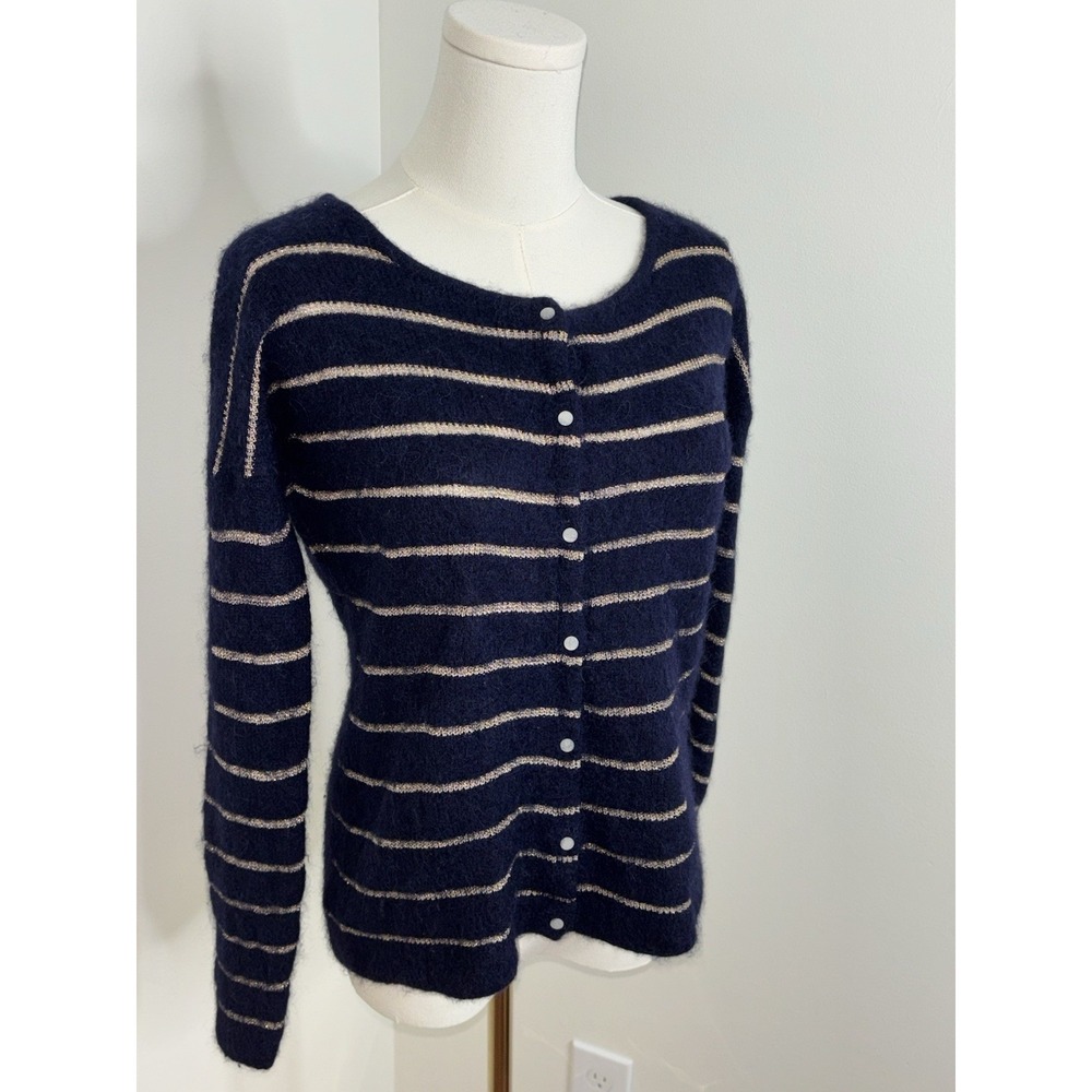 La Maille Sezane Mohair Alpaca Bld Blue Gold Stripe Cardigan Sweater Sz S Italy - Picture 3 of 6